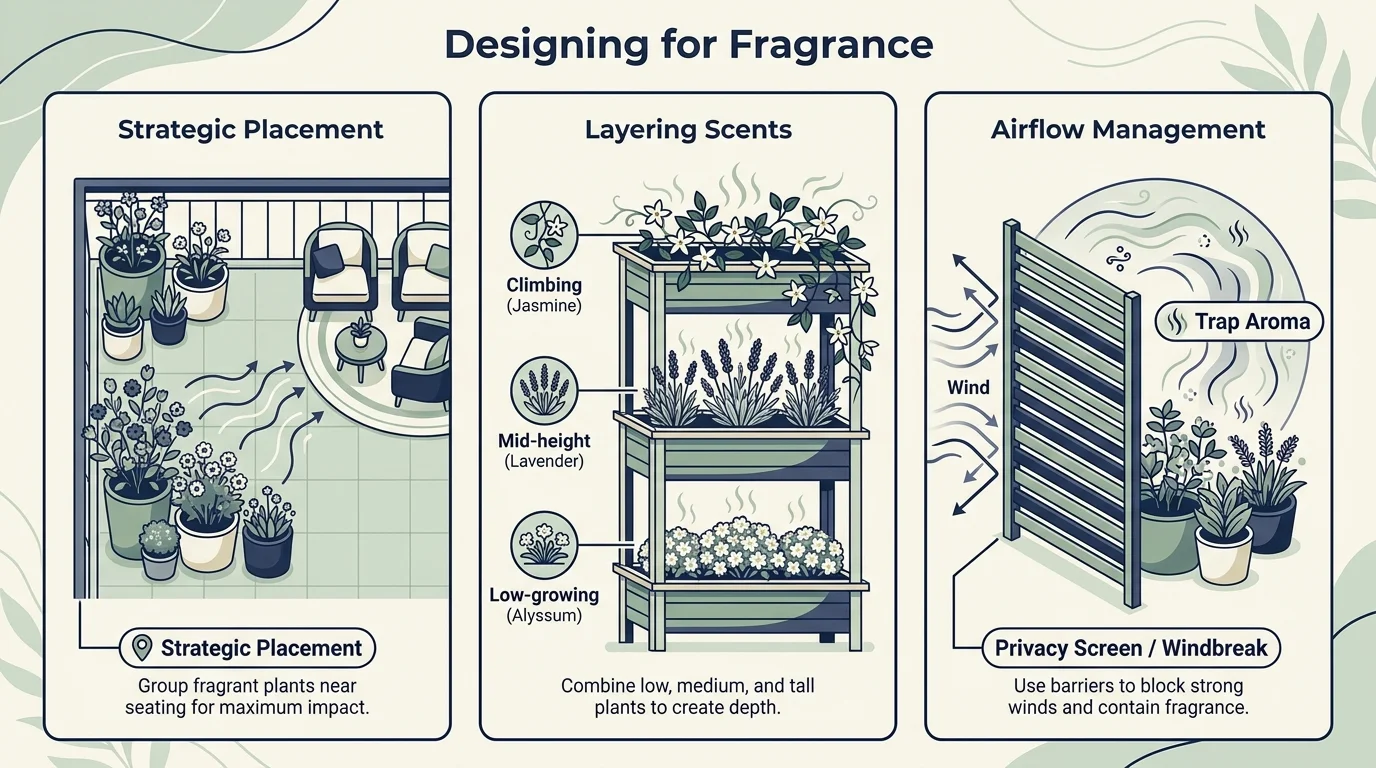 A three-panel infographic showing how to place, layer, and protect fragrant plants on a balcony.