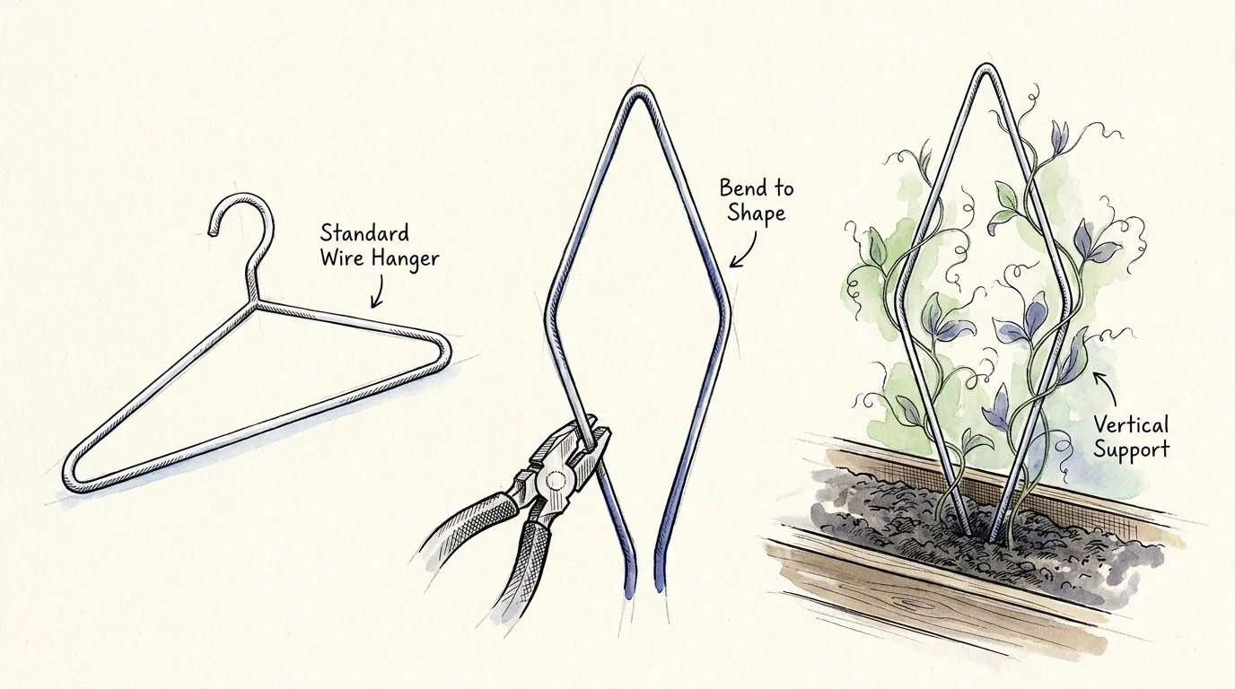 A three-part watercolor illustration showing a wire hanger being reshaped into a vertical trellis for climbing plants.