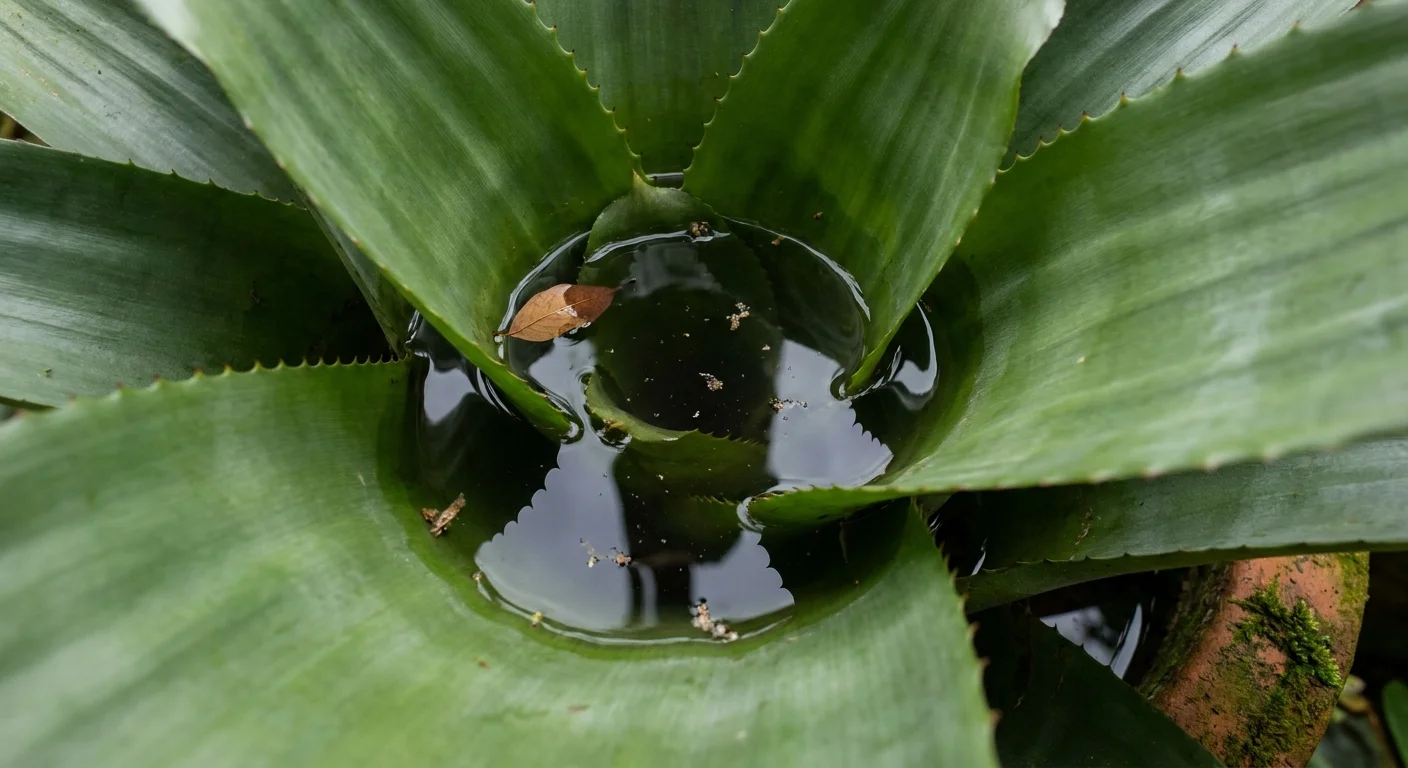 A top-down close-up photo of the water-filled central cup of a Bromeliad plant.