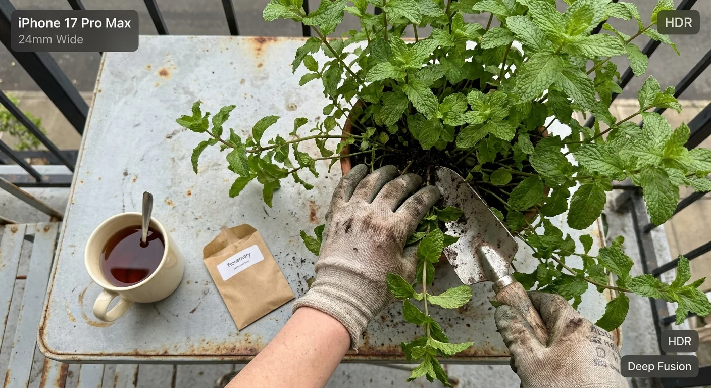 A top-down photo of an overgrown mint plant on a metal balcony table being divided with a gardening trowel.