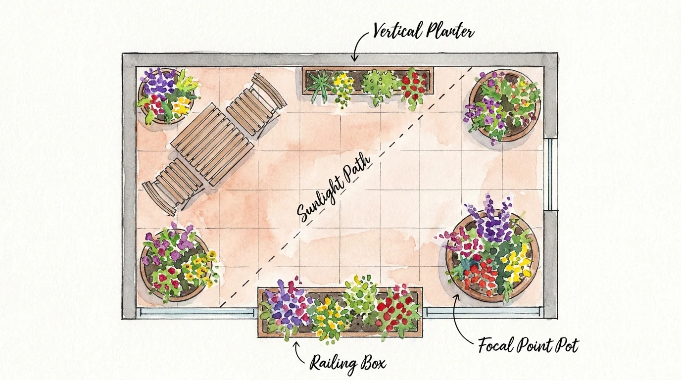 A top-down watercolor garden plan showing the layout of pots and furniture on a small balcony.