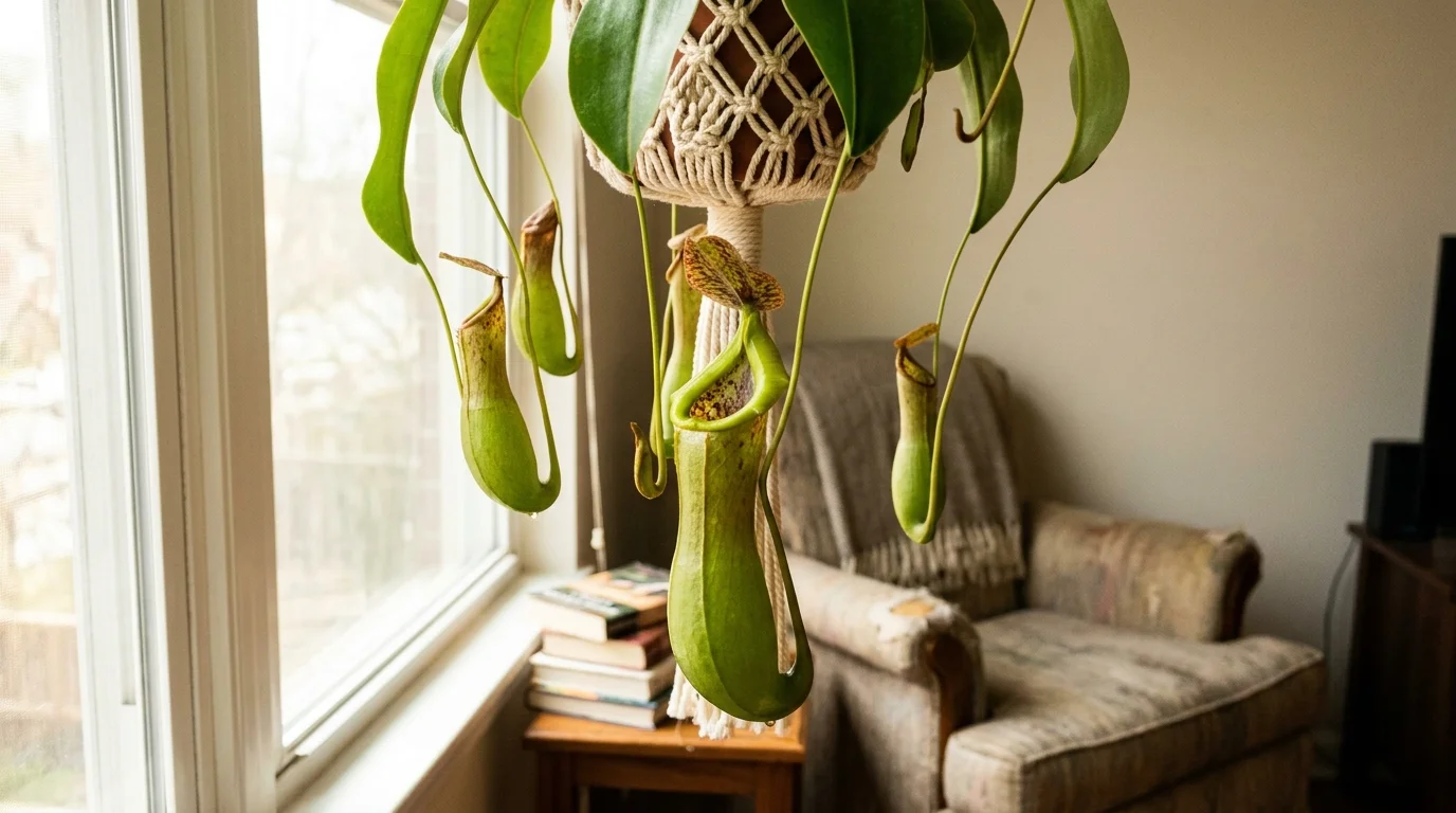 A Tropical Pitcher Plant hanging in a macrame holder near a bright window in a modern apartment.