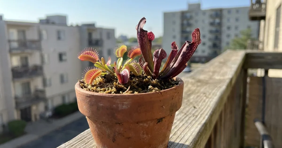 A Venus Flytrap and Pitcher Plant in a terracotta pot on a sunny apartment balcony with a city view.