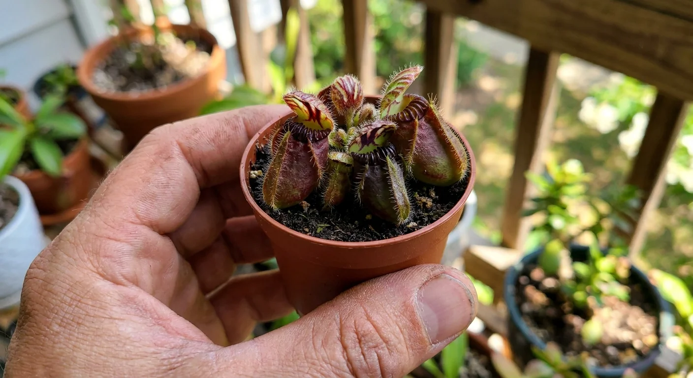 A very small Australian Pitcher Plant cluster held in a gardener's hand to show its tiny scale.