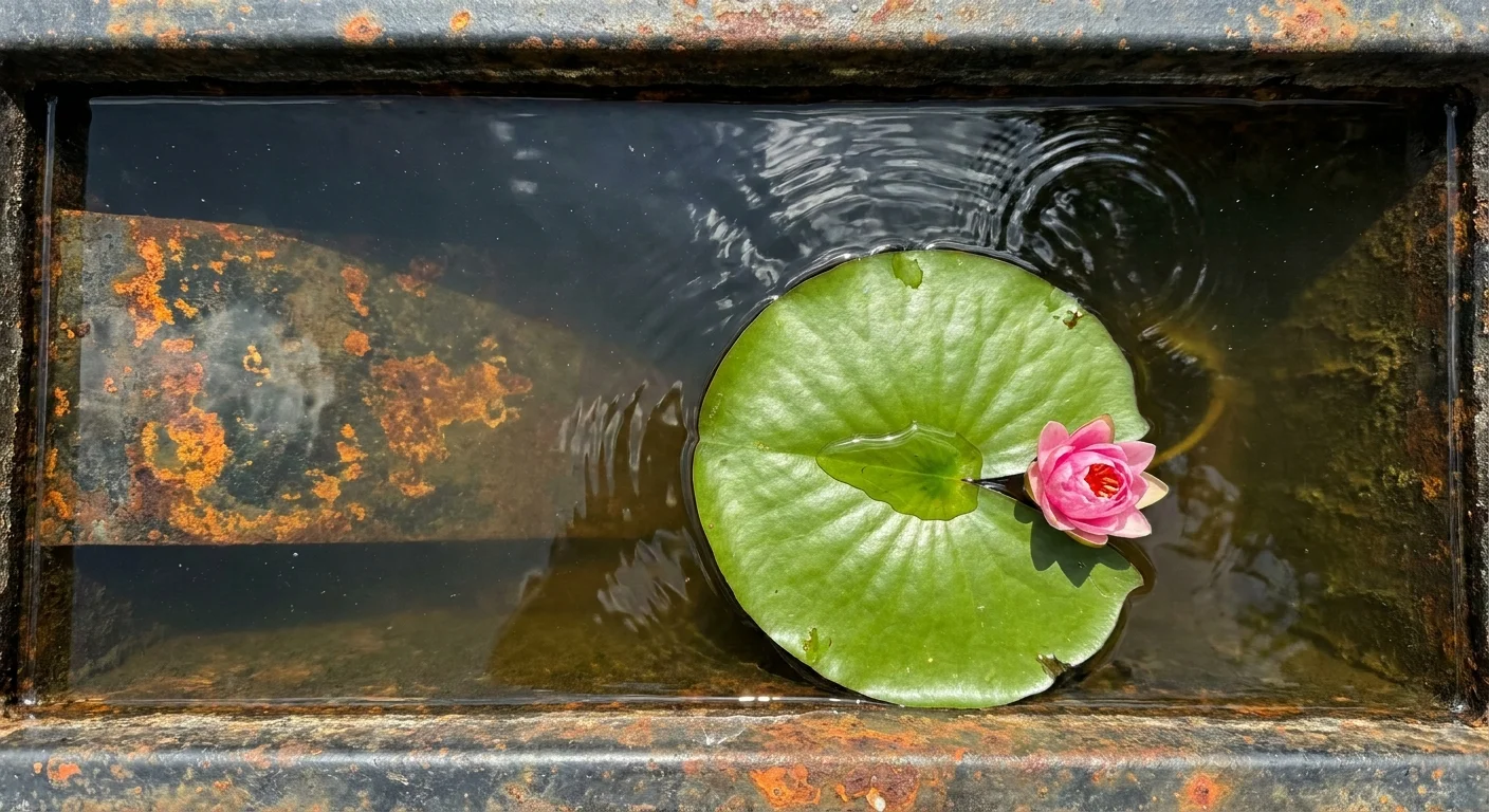 A water lily floating in a metal trough with a small pool of water on top of its leaf.