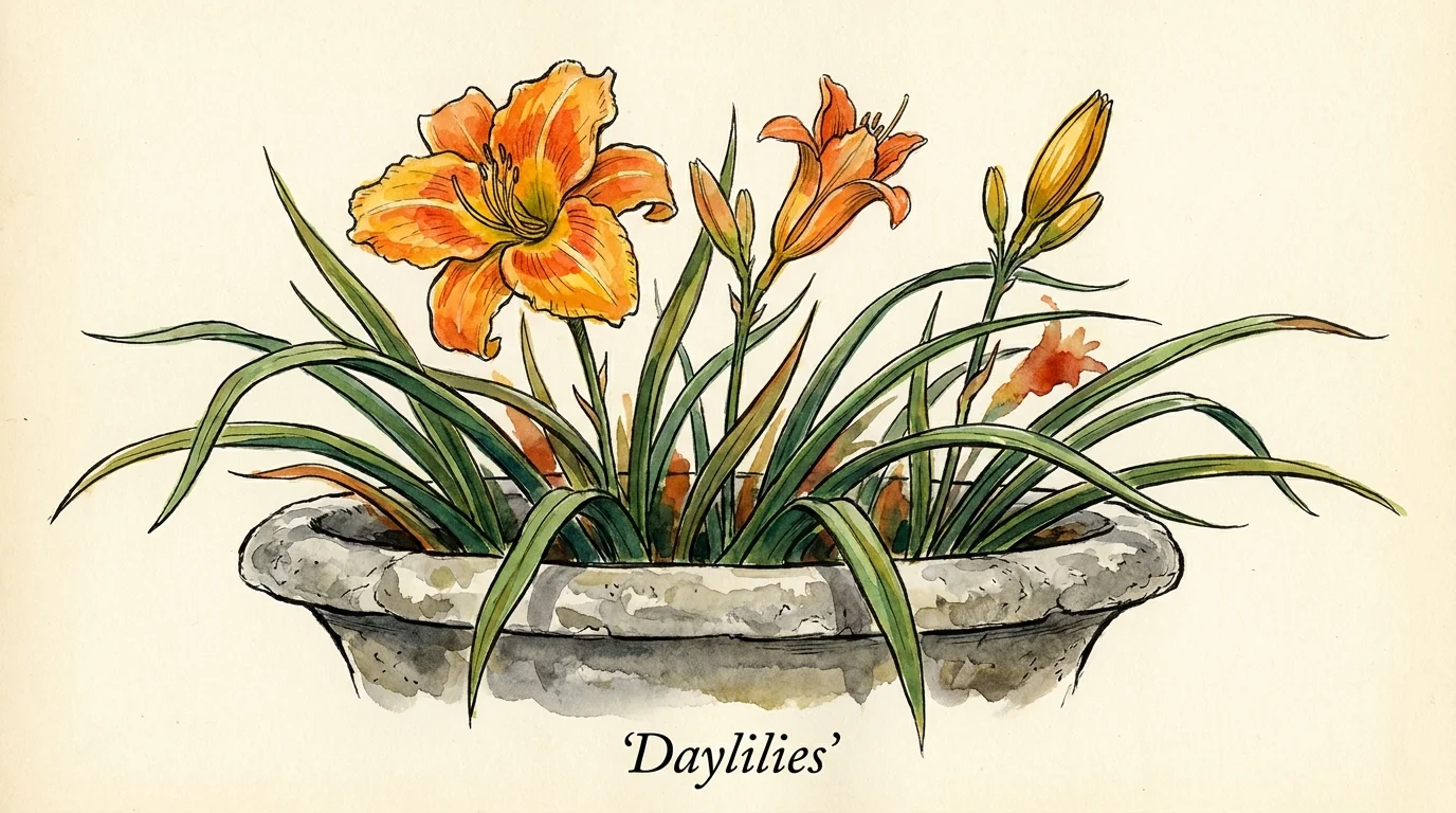 A watercolor and ink drawing of bright orange daylilies in a stone planter with long green leaves.