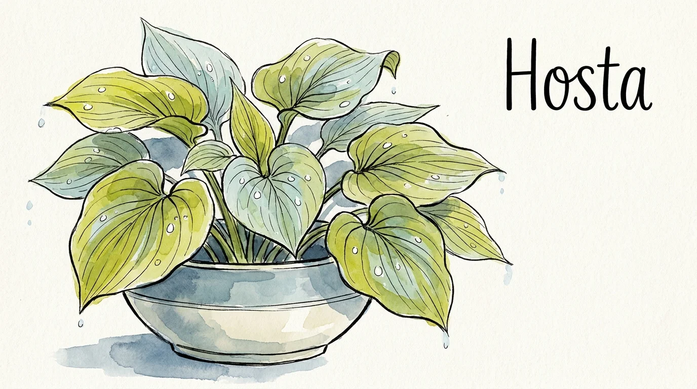 A watercolor and ink illustration of a lush Hosta plant in a ceramic pot with variegated green leaves.