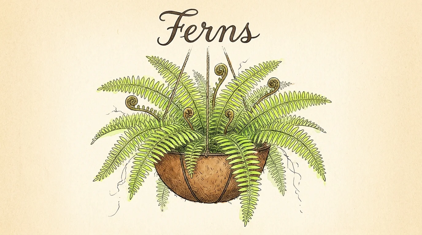 A watercolor and ink illustration of lush green ferns in a hanging basket, showing delicate fronds and fiddleheads.
