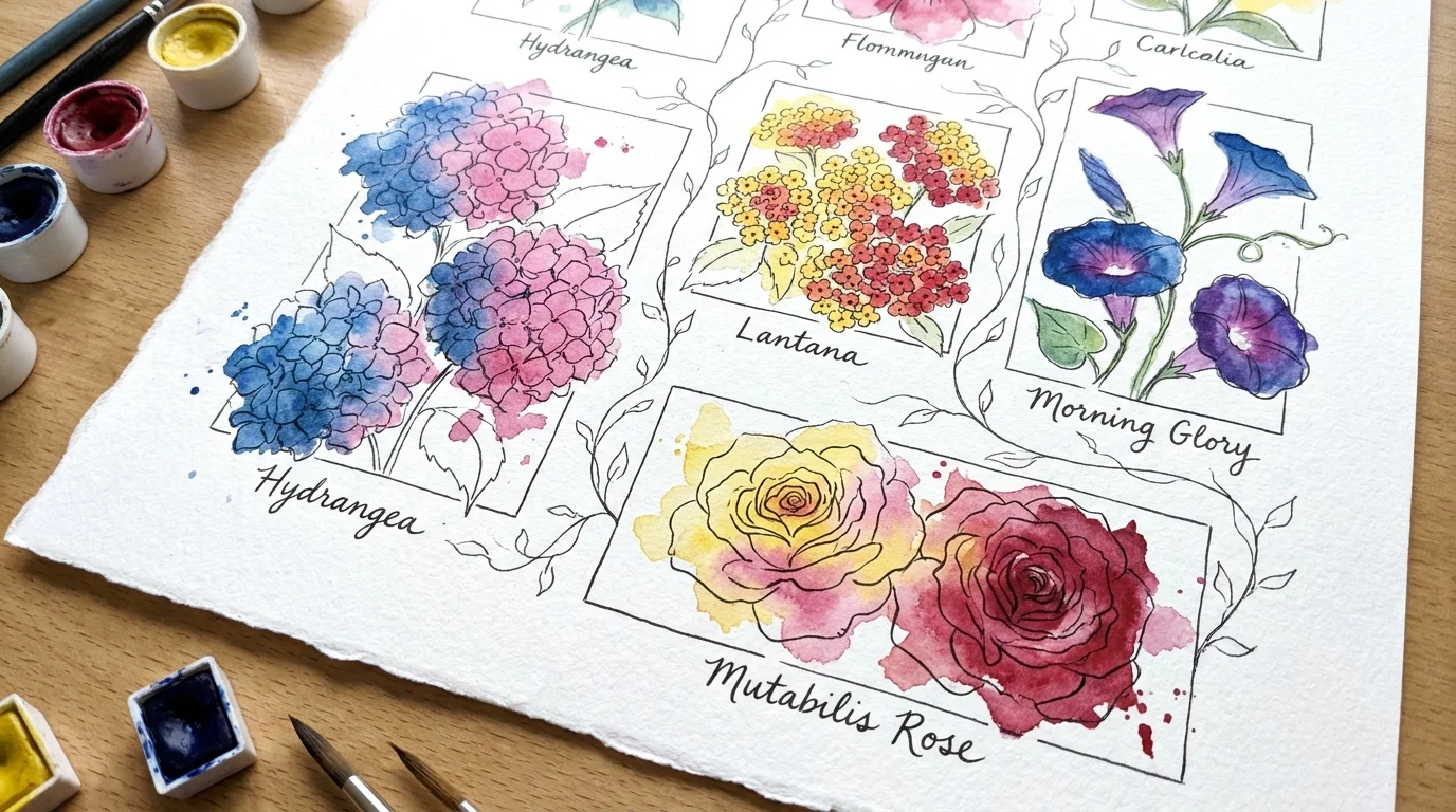 A watercolor and ink illustration showing a variety of color-changing flowers with hand-lettered labels.