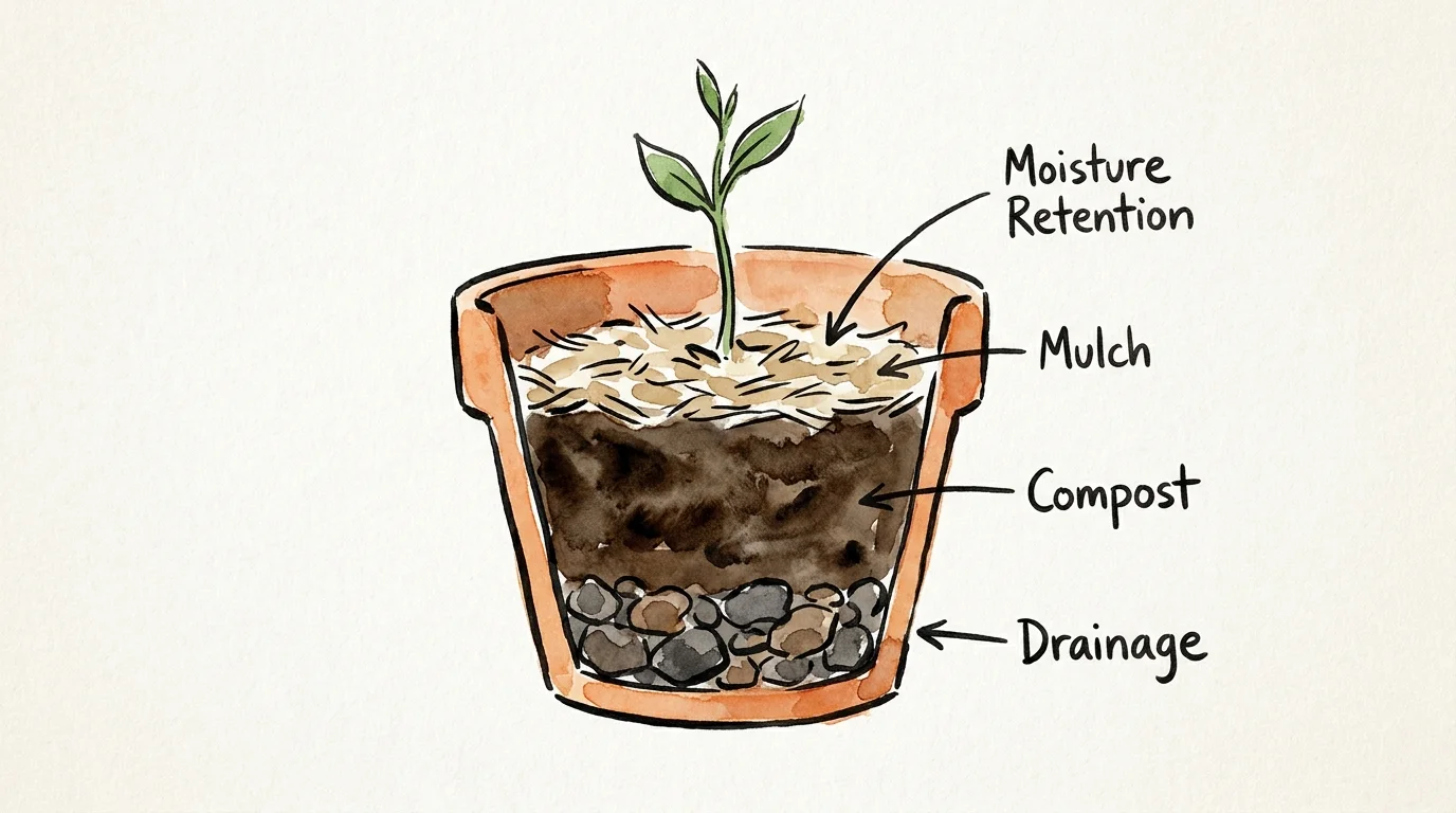 A watercolor cross-section of a garden pot showing layers of pebbles, soil, and mulch with labels.