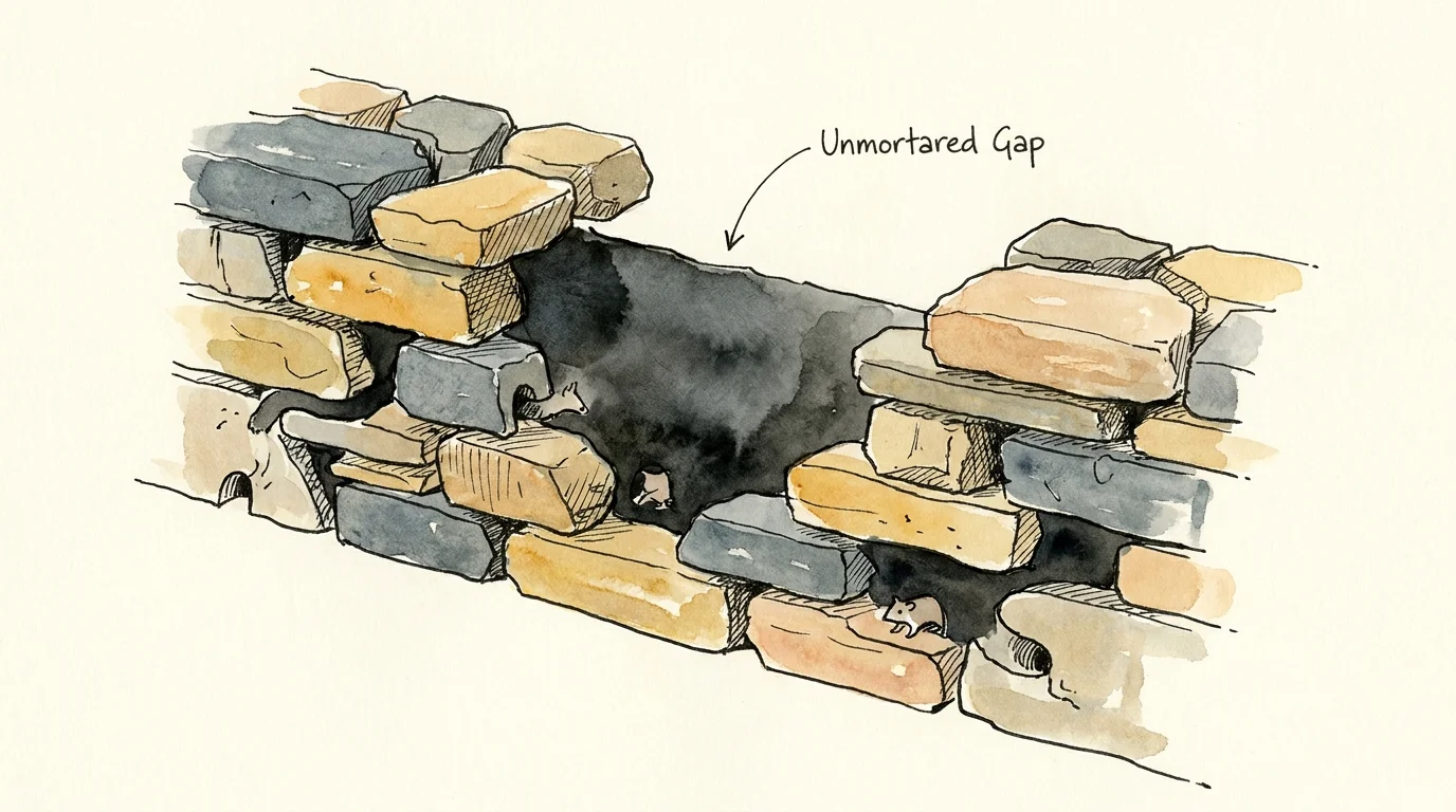 A watercolor diagram of a stone wall showing the deep gaps between unmortared rocks.