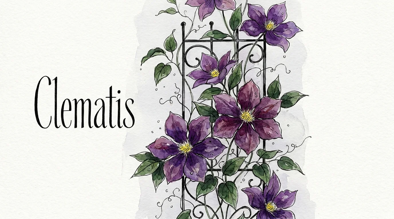 A watercolor drawing of a purple clematis vine climbing a trellis, with delicate green tendrils and large flowers.