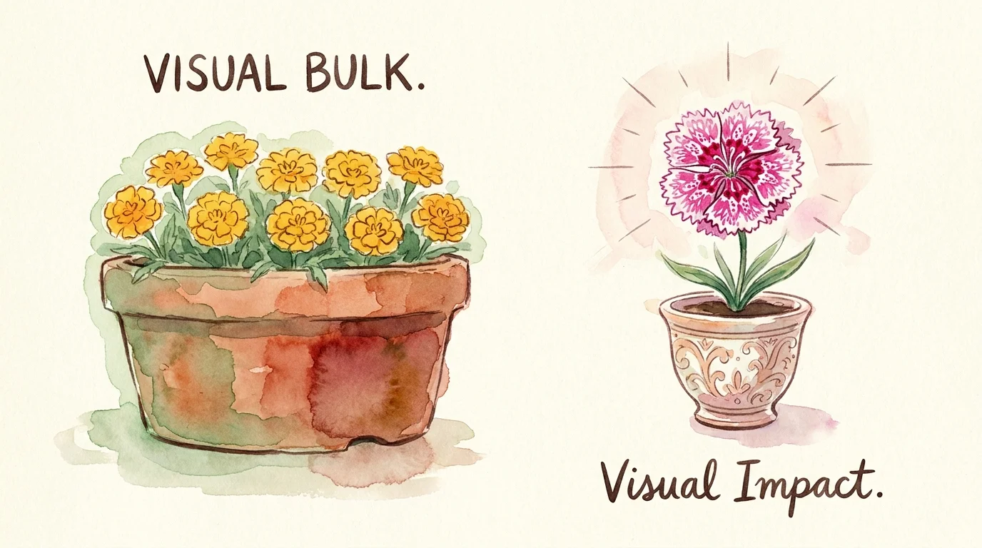 A watercolor illustration comparing a large pot of single-color flowers to a small pot of high-impact bicolored flowers.