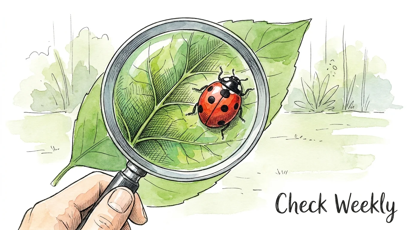 A watercolor illustration of a magnifying glass inspecting a leaf for pests in a garden.