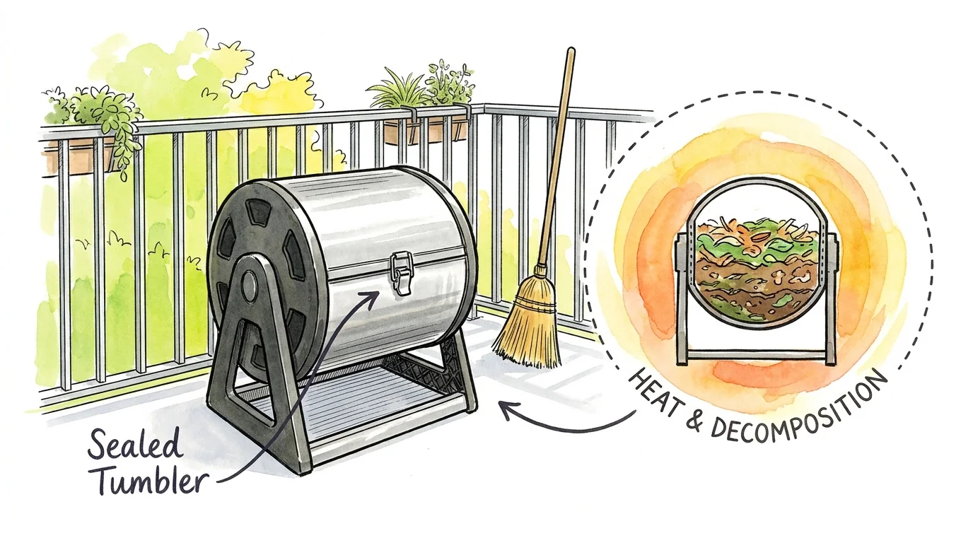 A watercolor illustration of a sealed tumbling compost bin on a clean balcony with labels.