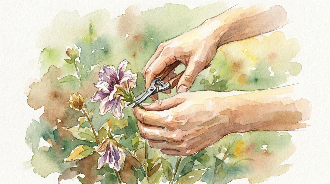 A watercolor illustration of hands using pruning shears to trim flowers, representing garden maintenance.