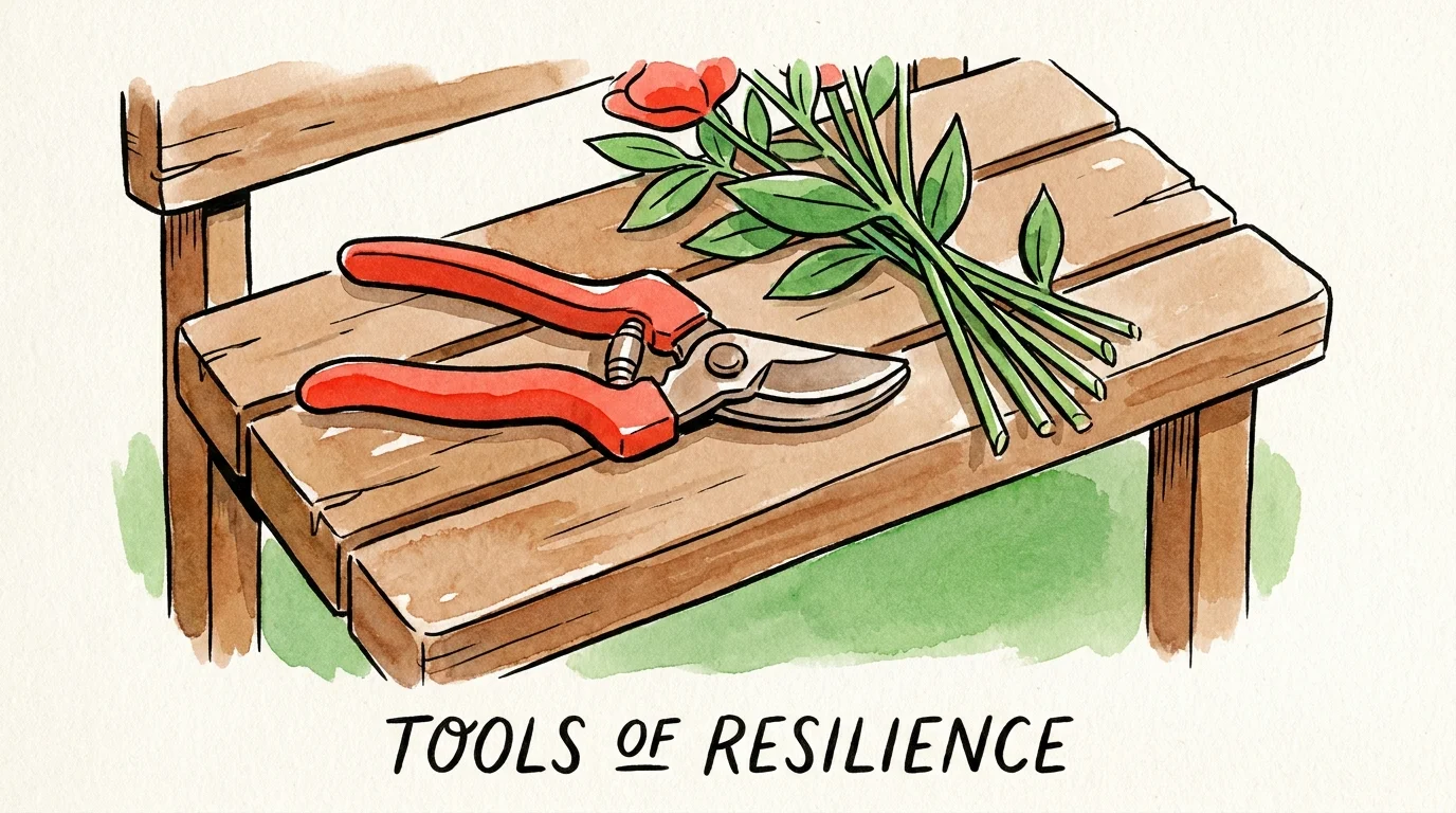 A watercolor illustration of red garden pruners and cut flower stems on a wooden bench.