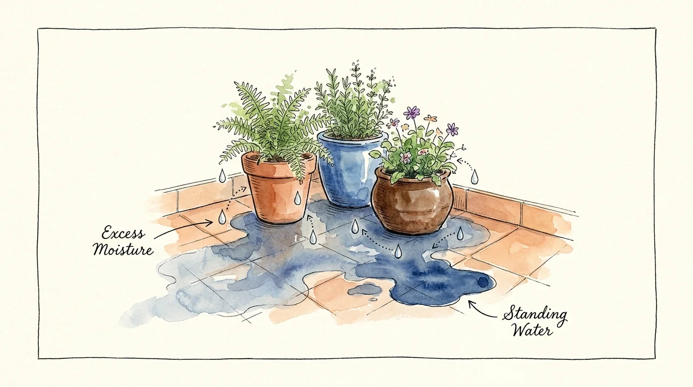A watercolor illustration showing water pooling under garden pots with labels for excess moisture.