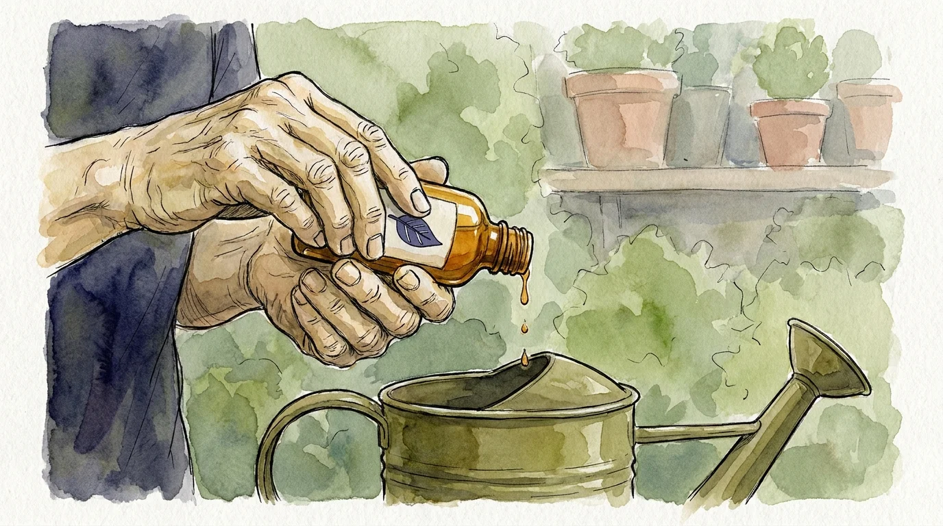 A watercolor painting of hands adding liquid fertilizer to a watering can in a garden setting.