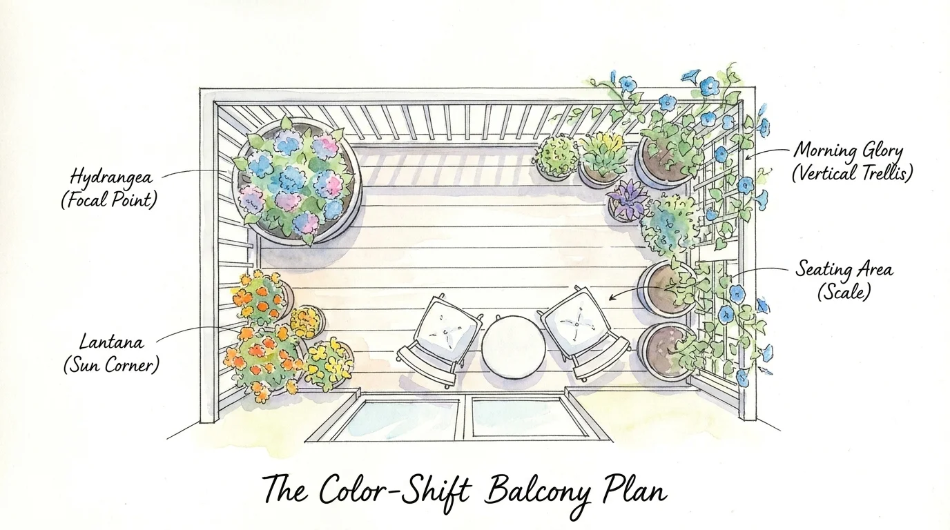 A watercolor plan view showing the layout of a small balcony garden with labeled plant locations.