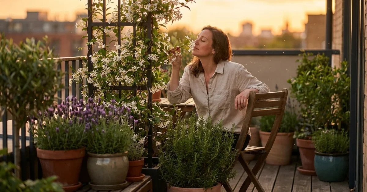 A woman relaxes on a small, lush balcony garden filled with potted jasmine and lavender during a golden sunset.