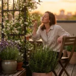 A woman relaxes on a small, lush balcony garden filled with potted jasmine and lavender during a golden sunset.