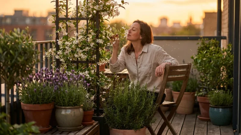 A woman relaxes on a small, lush balcony garden filled with potted jasmine and lavender during a golden sunset.