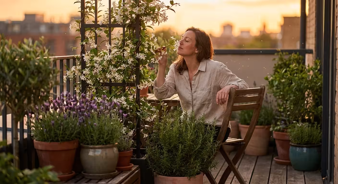 A woman relaxes on a small, lush balcony garden filled with potted jasmine and lavender during a golden sunset.