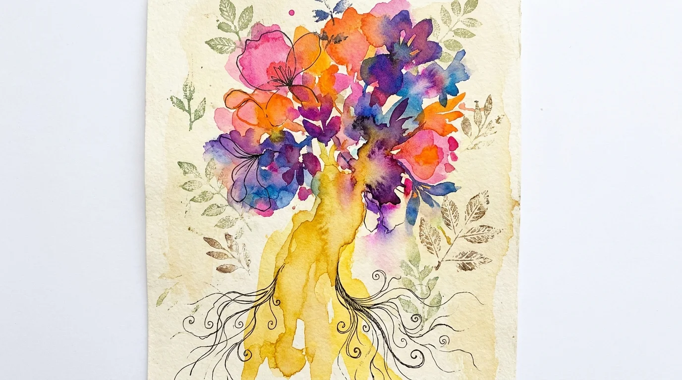 Abstract watercolor painting of golden liquid feeding into a burst of colorful floral shapes.
