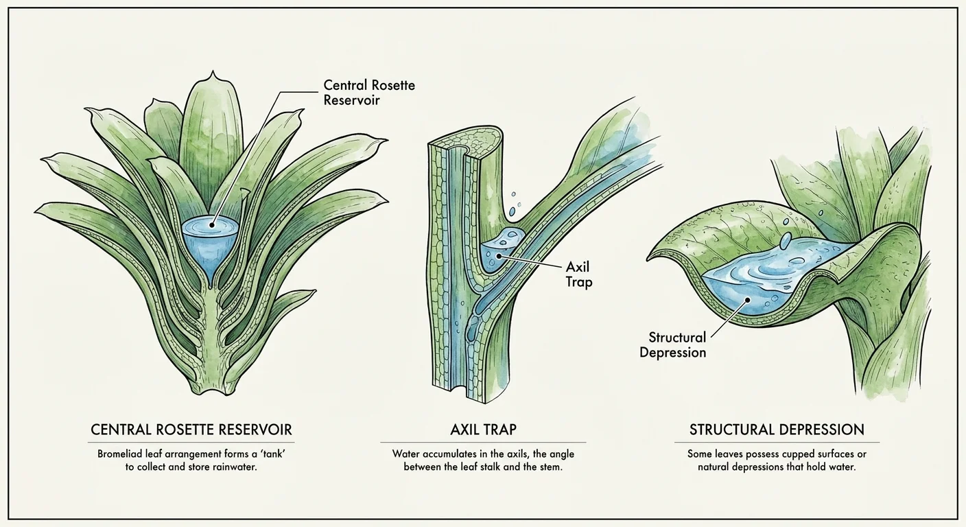 An anatomical diagram showing how different plant structures like rosettes and leaf axils trap and hold stagnant water.