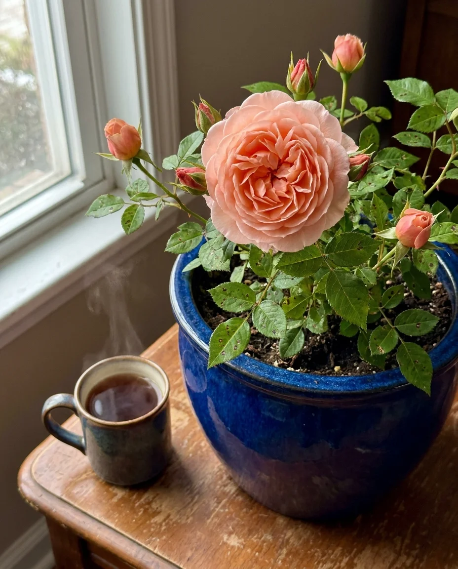 An apricot-colored rose in a blue pot sits on a wooden table next to a cup of tea in a home setting.