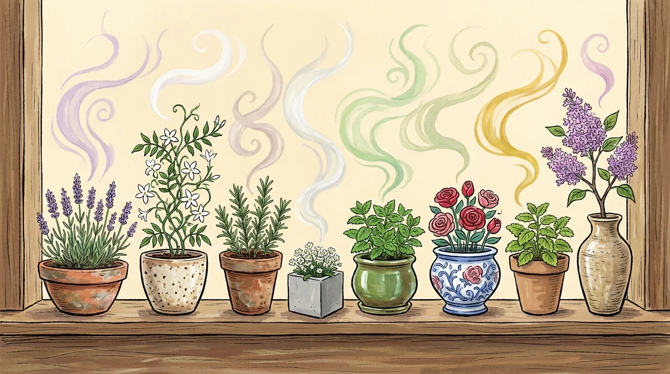 An artistic gouache illustration of eight different fragrant plants in pots lined up along a sunny windowsill.