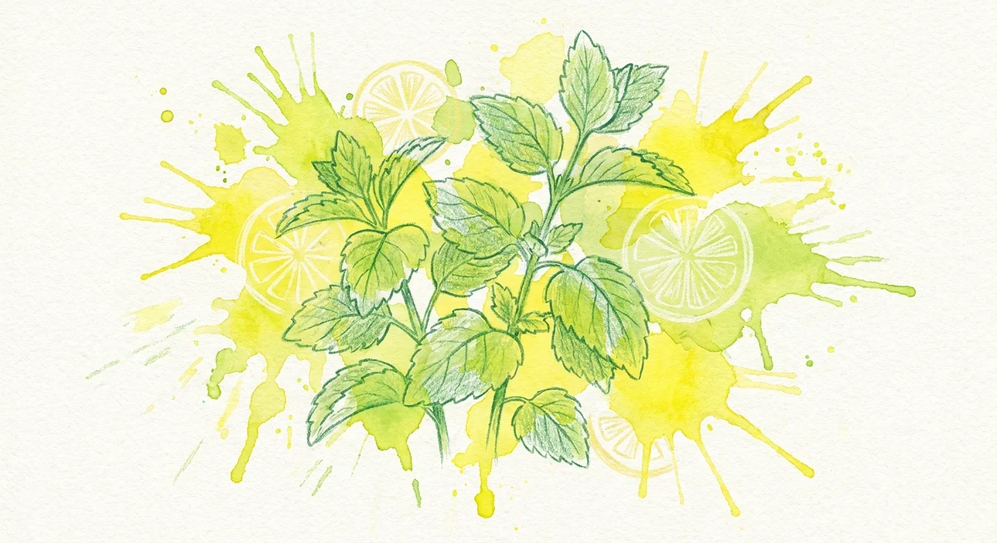 An artistic watercolor and pencil illustration of lemon balm leaves with vibrant yellow citrus-themed splashes.