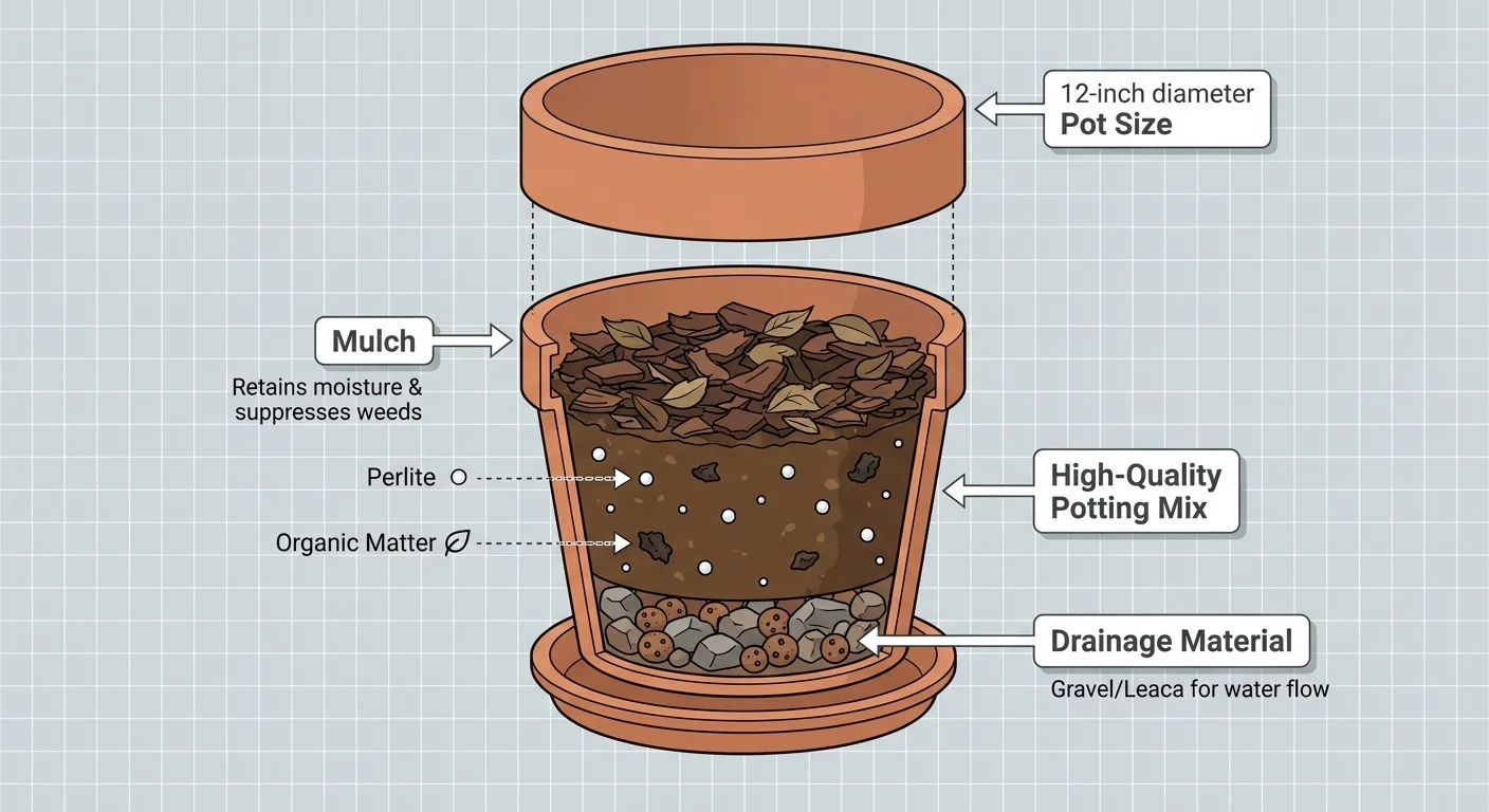 An exploded view diagram of a flower pot showing the layers of drainage, soil, and mulch needed for healthy plants.