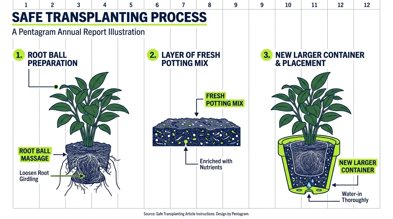 An exploded view diagram showing the components of a successful plant transplant, including the root ball and fresh soil.