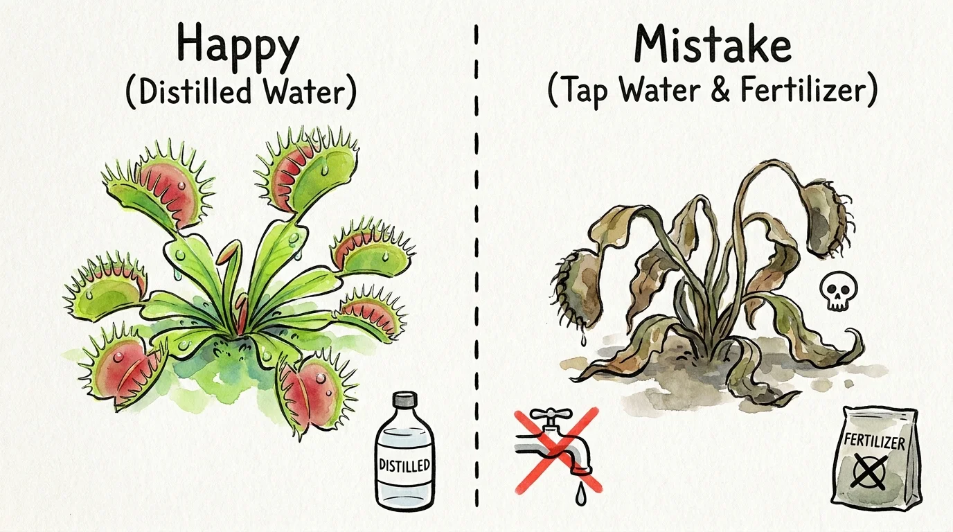 An illustration comparing a healthy plant watered with distilled water to a wilting plant given tap water.