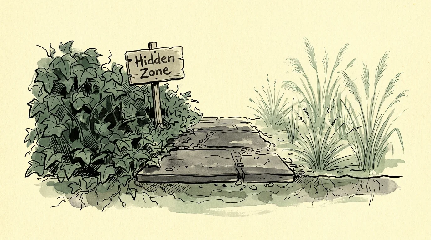 An illustration comparing dense ground cover to sparse plantings alongside a garden path.