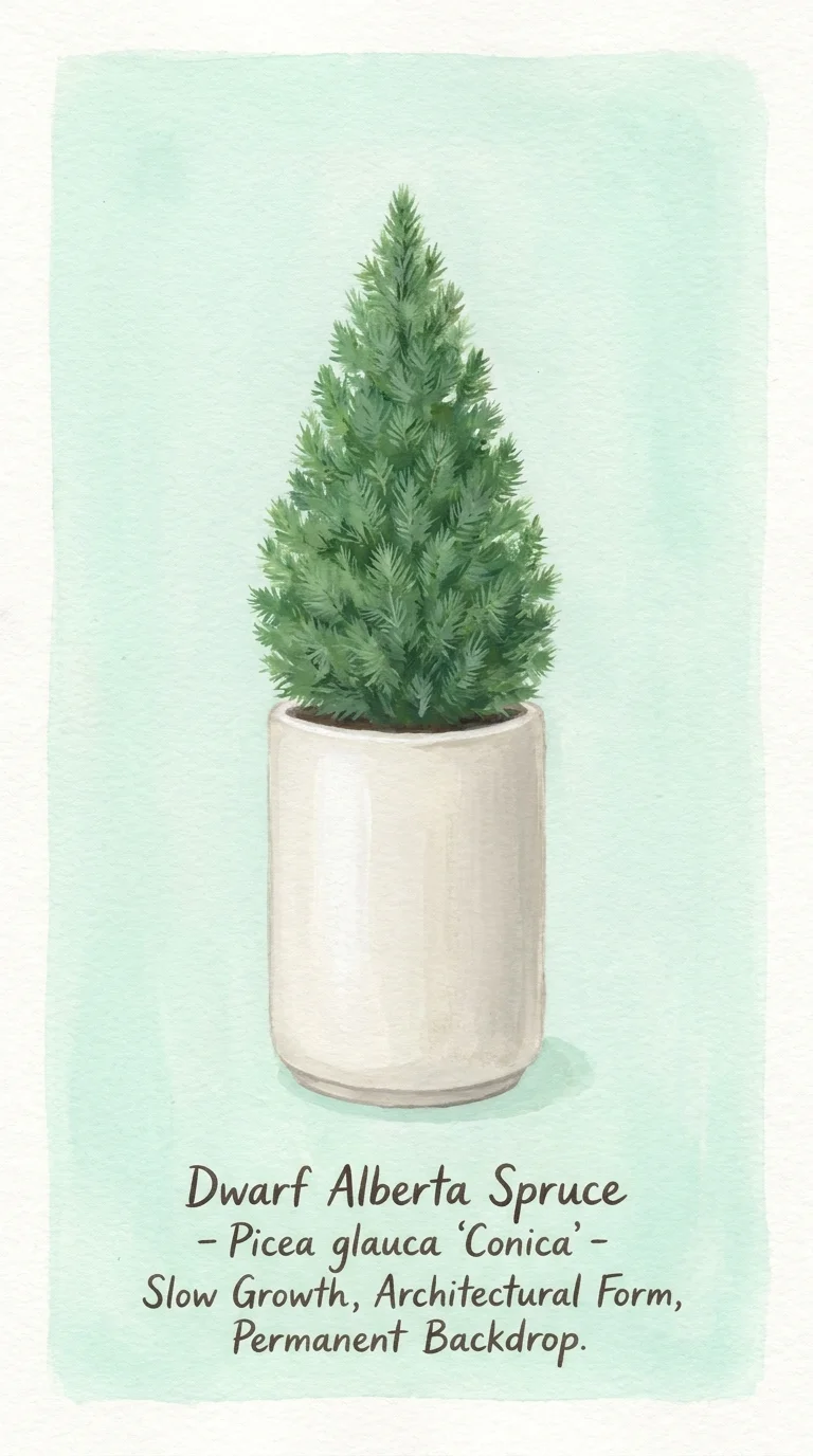 An illustration of a conical Dwarf Alberta Spruce in a tall ceramic pot.