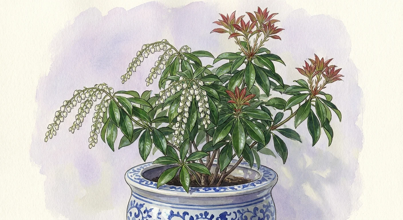 An illustration of a Japanese Pieris shrub showing glossy green leaves and cascading red-tinted new growth.