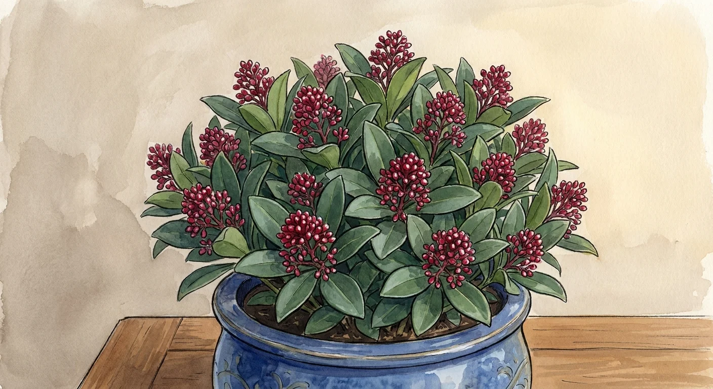 An illustration of a Japanese Skimmia plant featuring dark green leaves and bright red winter buds.