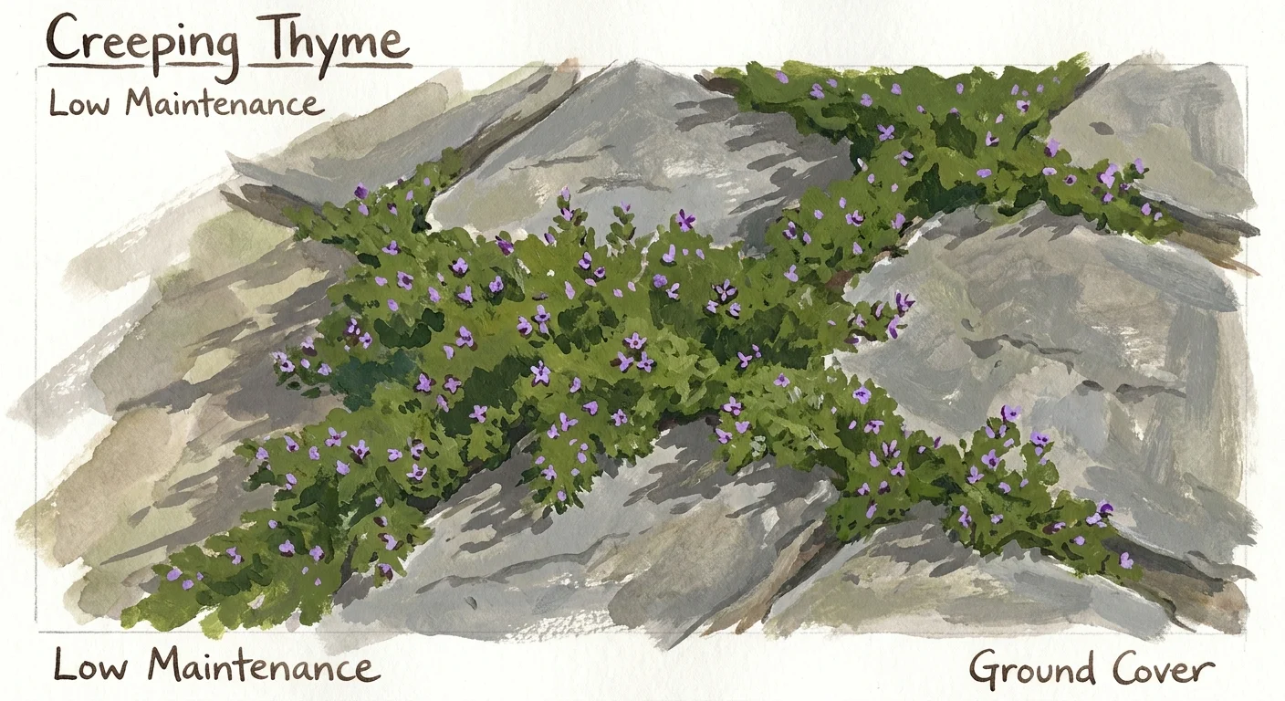 An illustration of green creeping thyme growing in the cracks between stone pavers.