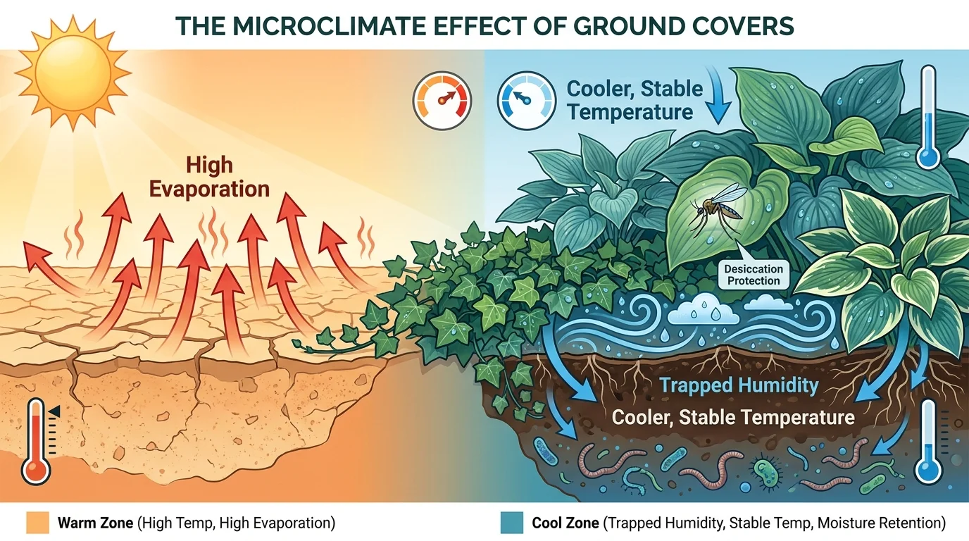 An infographic comparing bare soil evaporation to the trapped humidity under dense ground cover plants.