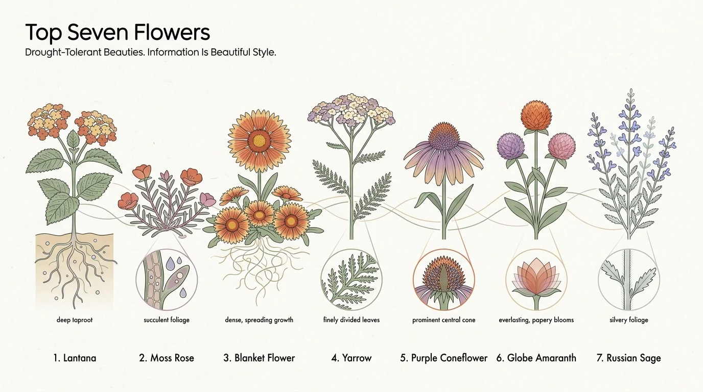 An infographic listing the seven drought-tolerant flowers with minimalist botanical icons and clear labels.