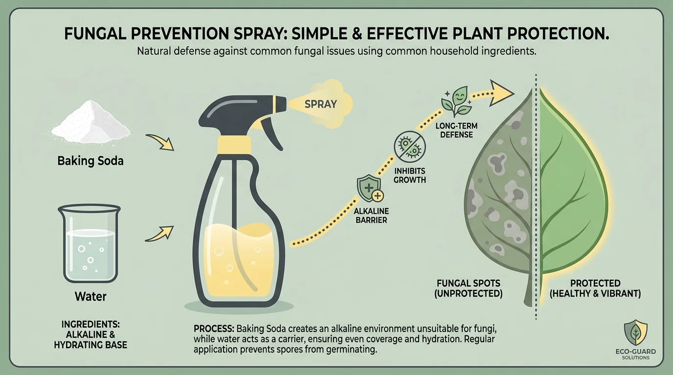 An infographic showing baking soda and water being mixed into a spray bottle to protect leaves from fungus.