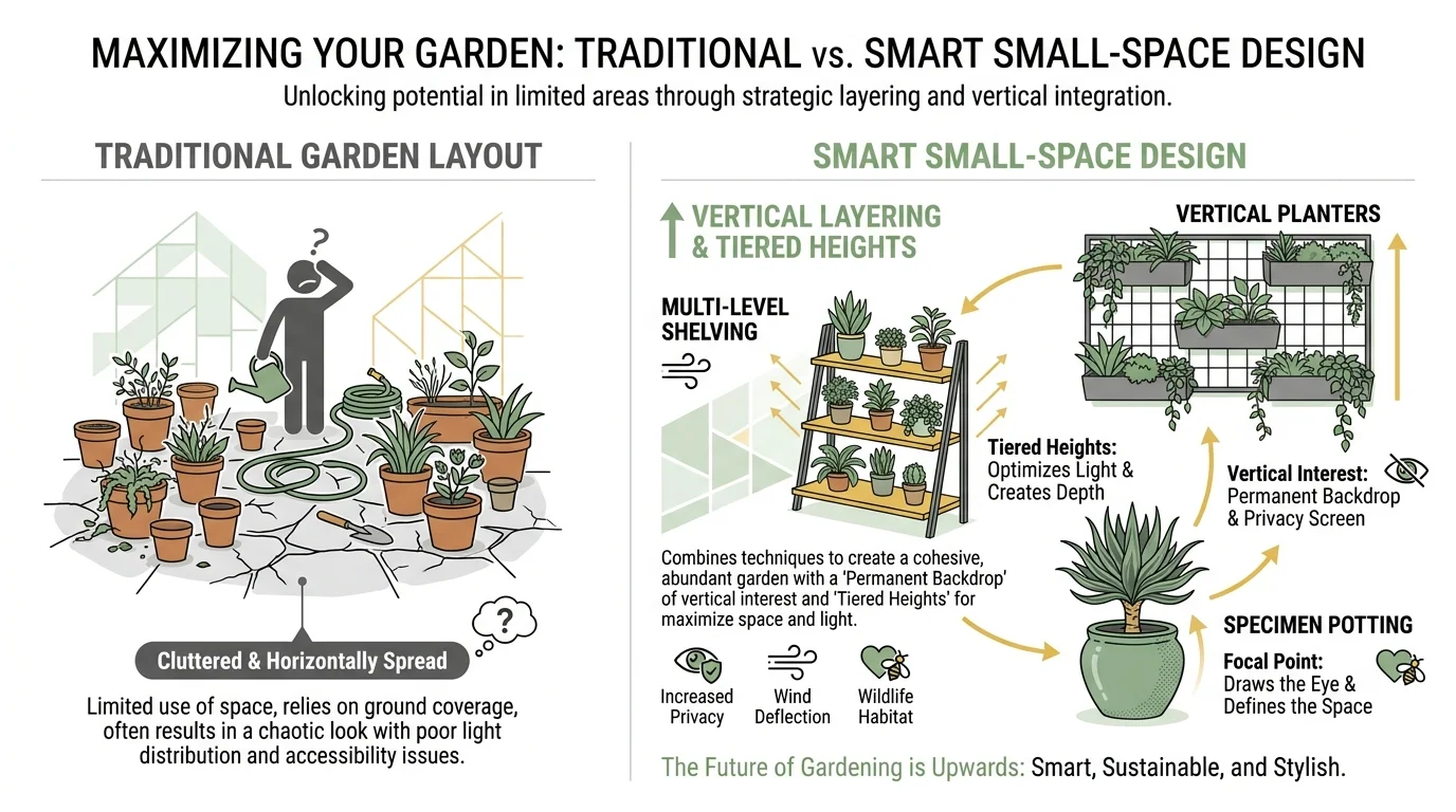An infographic showing design strategies for small gardens, including vertical planters and tiered shelving.