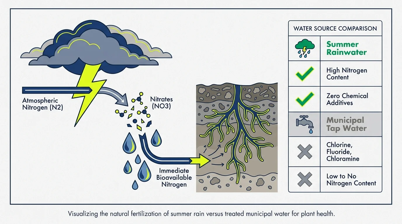 An infographic showing how lightning converts atmospheric nitrogen into nitrates that dissolve in rain to fertilize plant roots.