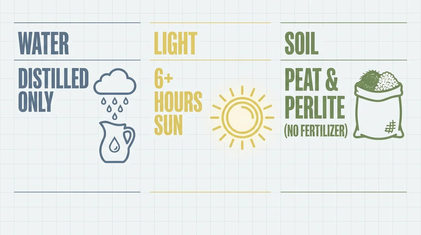 An infographic showing the three main care rules: Distilled water, 6+ hours of sun, and peat/perlite soil with no fertilizer.