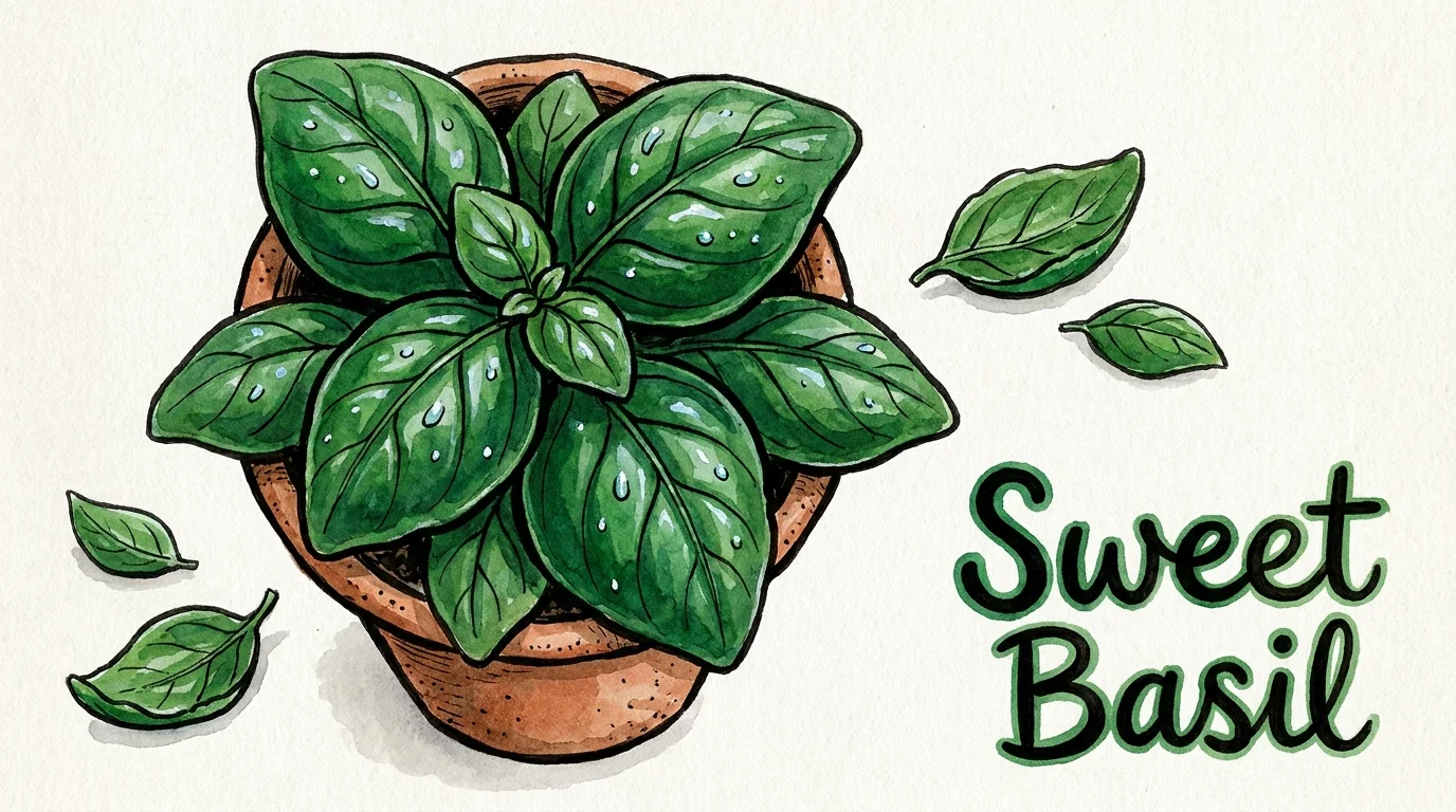 An ink and watercolor illustration of a bushy sweet basil plant with glossy green leaves in a terracotta pot.