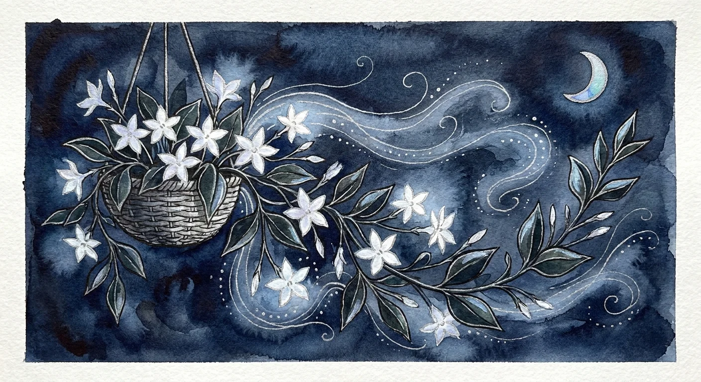 An ink and watercolor illustration of white jasmine flowers blooming under a moonlit sky with silver scent swirls.