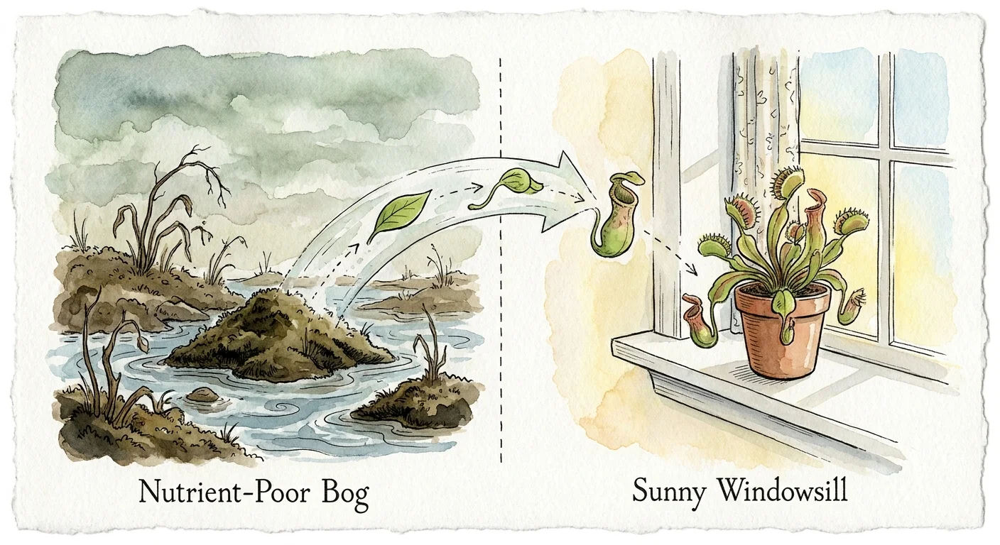 An ink and watercolor illustration showing the evolutionary transition of plants from wild bogs to domestic windowsills.